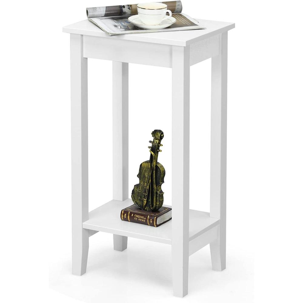 image:imageGiantex 2Tier End Table Tall Nightstand Simple Design Sofa Bedside Table with Versatile Shelf and Wooden Legs for Small Spaces Living Room Study Bedroom Narrow Telephone Table WhiteWhite