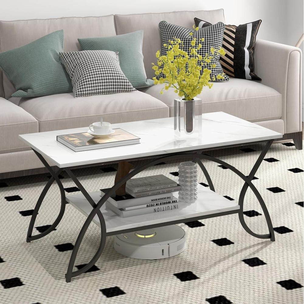 image:imageGiantex 2Tier Rectangular Coffee Table Faux Marble Table with Open Storage Shelf Black Finished Metal Frame Modern Center Table for Living Room Reception Room WhiteBlackWhiteblack