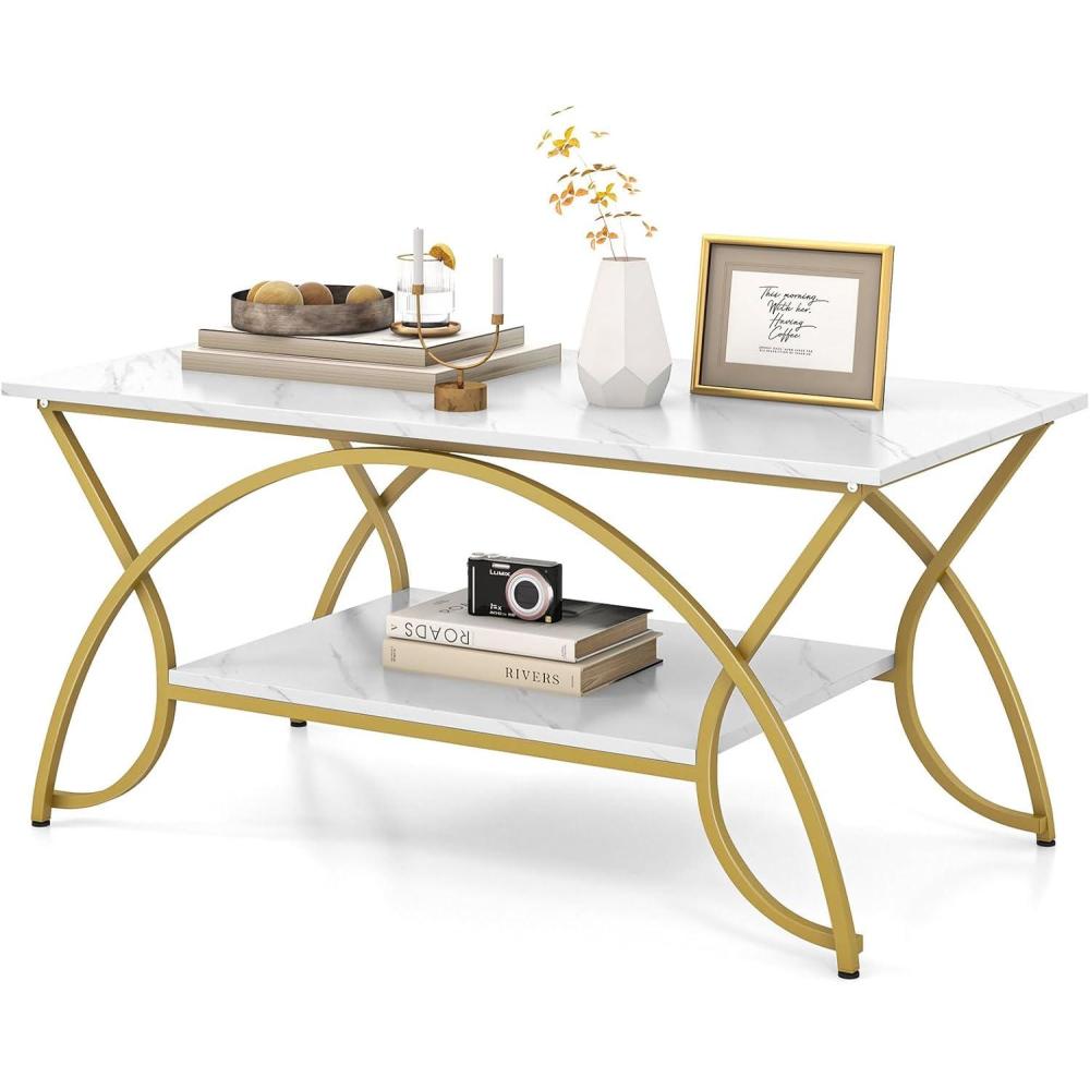 image:imageGiantex 2Tier Rectangular Coffee Table Faux Marble Table with Open Storage Shelf Black Finished Metal Frame Modern Center Table for Living Room Reception Room WhiteBlackWhitegold