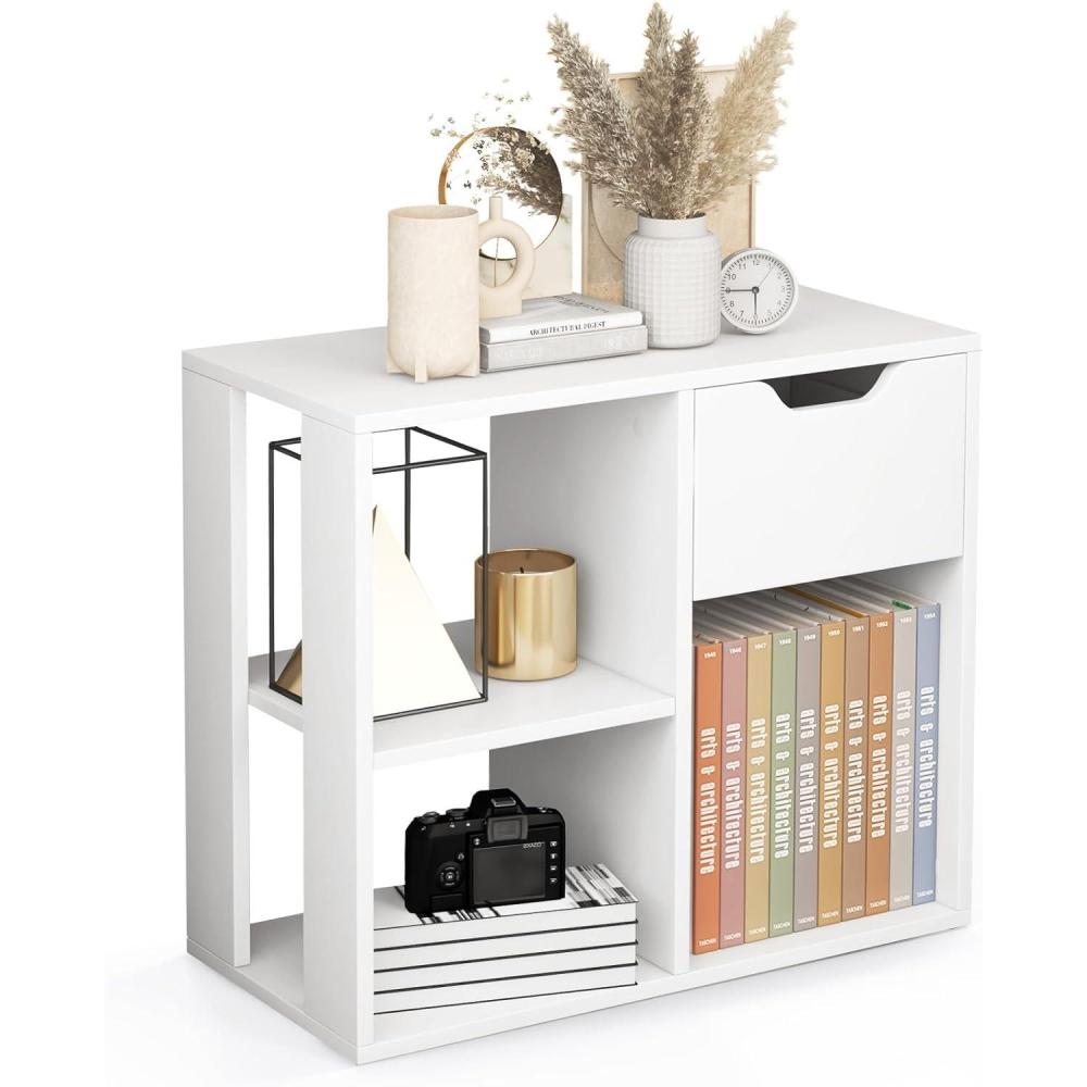 image:imageGiantex 3 Cube Bookcase with Drawer 2 Tier Bookshelf for Small Space Modern Freestanding Display Rack with Open Shelves White Book Case Wood Cube Storage Organizer Bedroom Living RoomWhite