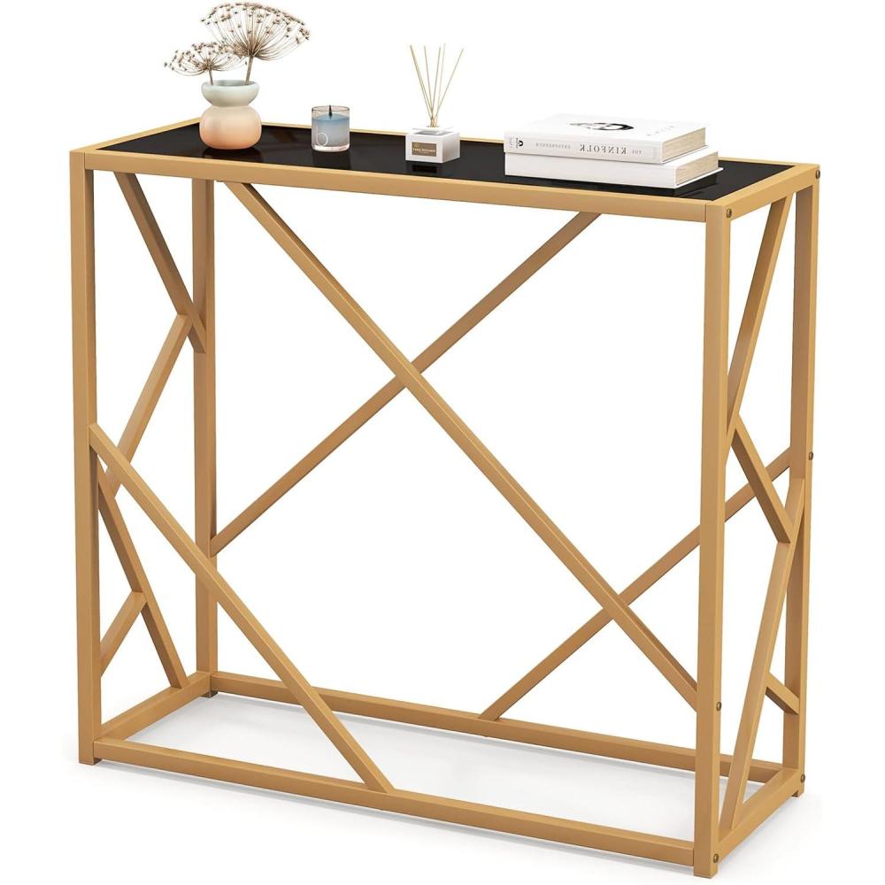 image:imageGiantex 315 Gold Entryway Console Table Narrow Sofa Side Table wMetal Frame amp Tempered Glass Top Modern Foyer Table wFoot Pads Home Long Display Table for Living Room Hallway Entry Table