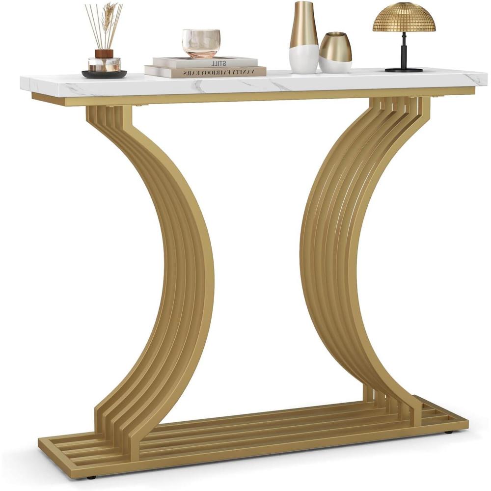 image:imageGiantex 39 Entryway Console Table Gold Narrow Console Table wWhite Faux Marble Tabletop Long Sofa Table with Geometric Metal Legs Modern Entry Table for Living Room Entrance Foyer