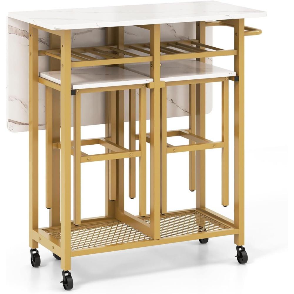 image:imageGiantex 3Piece Foldable Dining Table Set Extendable Dining Table amp 2 Stools Set w 6Bottle Wine Rack Shelves amp Side Pushing Handle SpaceSaving Dining Room Kitchen Table Set for Small Space
