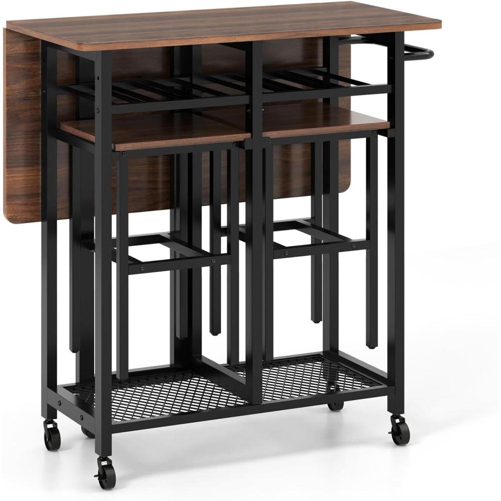 image:imageGiantex 3Piece Foldable Dining Table Set Extendable Dining Table amp 2 Stools Set w 6Bottle Wine Rack Shelves amp Side Pushing Handle SpaceSaving Kitchen Table Set for Small Space Dining Room
