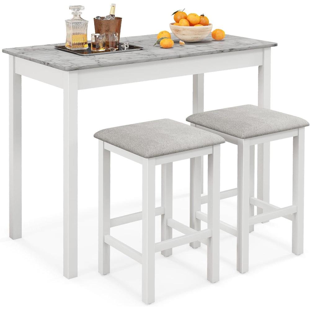 image:imageGiantex 3Pieces Dining Table Set for 2 Counter Height Table with 2 Bar Stools Wood Legs Dinette Set for Small Space Breakfast Nook Kitchen Dinner WhiteGreyWhiteGrey