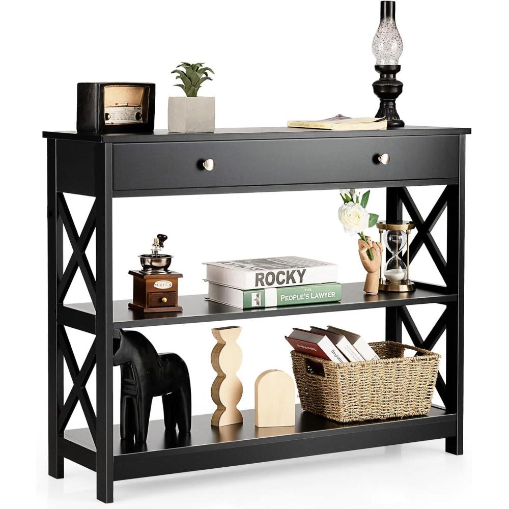image:imageGiantex 3Tier Console Table with Drawers Narrow Entryway Table wStorage Shelves XDesign Sofa Side Tables for Hallway Modern Entry Tables for Foyer Living Room Bedroom BlackBlack