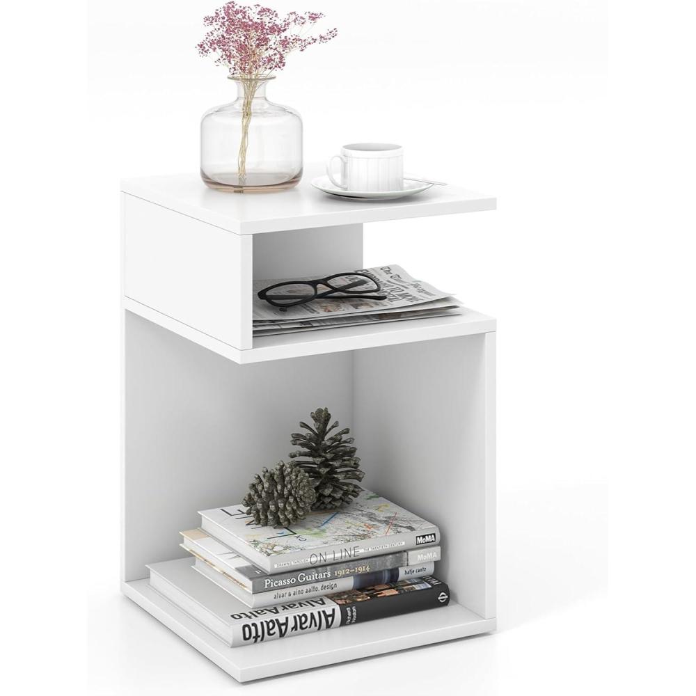 image:imageGiantex 3Tier Side Table SShaped End Table with 2 Open Storage Compartments Wood Narrow Bedside Table Modern Nightstand for Bedroom Living Room Small Spaces Easy Assembly White1