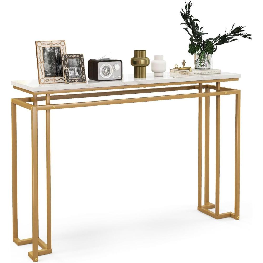 image:imageGiantex 47 Entryway Console Table  Modern Hallway Table wGold Metal Frame amp Antitoppling Kit Faux Marble Top Long Sofa Side Table Narrow Entryway Table for Living Room Foyer Entry Table