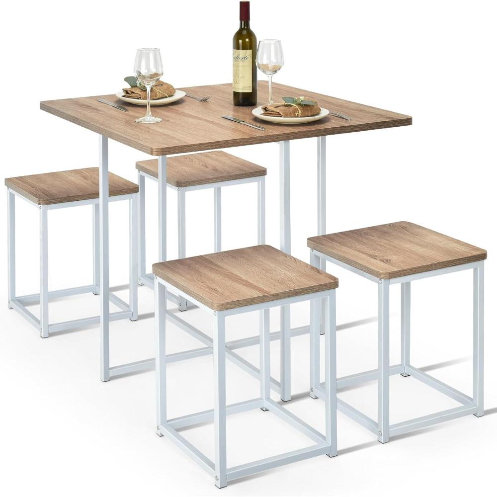 image:imageGiantex 5 Piece Dining Table Set Dining Set for 4 with Square Stools Small Kitchen Table Set with Metal Frame Compact Design for Small Space Home Kitchen Bar Pub ApartmentBeige White