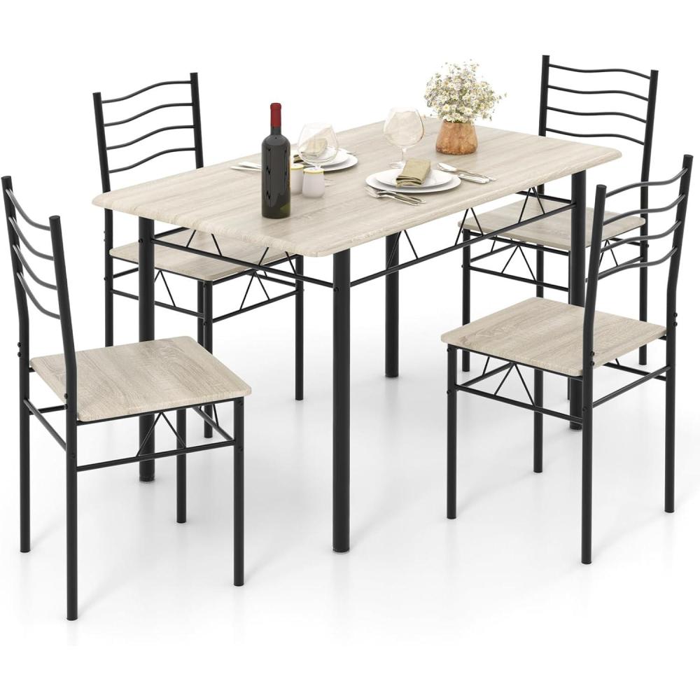 image:imageGiantex 5 Piece Dining Table Set Kitchen Dining Set with Tempered Glass Table Top and 4 Chairs Dinette Set for 4 for Breakfast Nook Dining Room Kitchen TransparentBeech