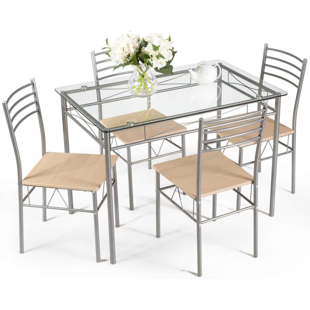 image:imageGiantex 5 Piece Dining Table Set Kitchen Dining Set with Tempered Glass Table Top and 4 Chairs Dinette Set for 4 for Breakfast Nook Dining Room Kitchen TransparentTransparent