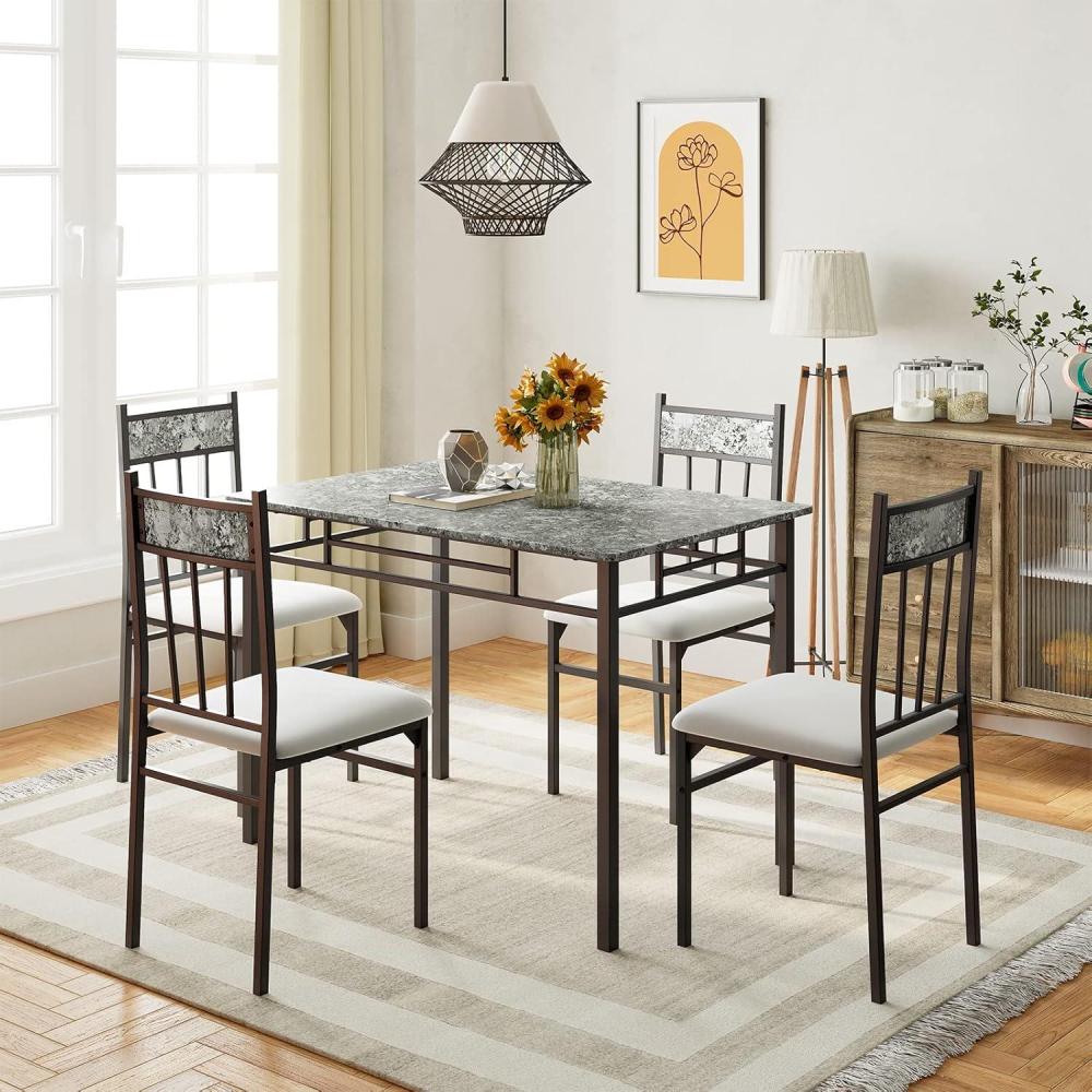 image:imageGiantex 5 Pieces Dining Table Set Modern Rectangular Dining Table amp Upholstered Chair Set wMarble Tabletop Kitchen Dining Room Furniture Set for 4 SpaceSaving Dinette Set for Breakfast Nook Grey