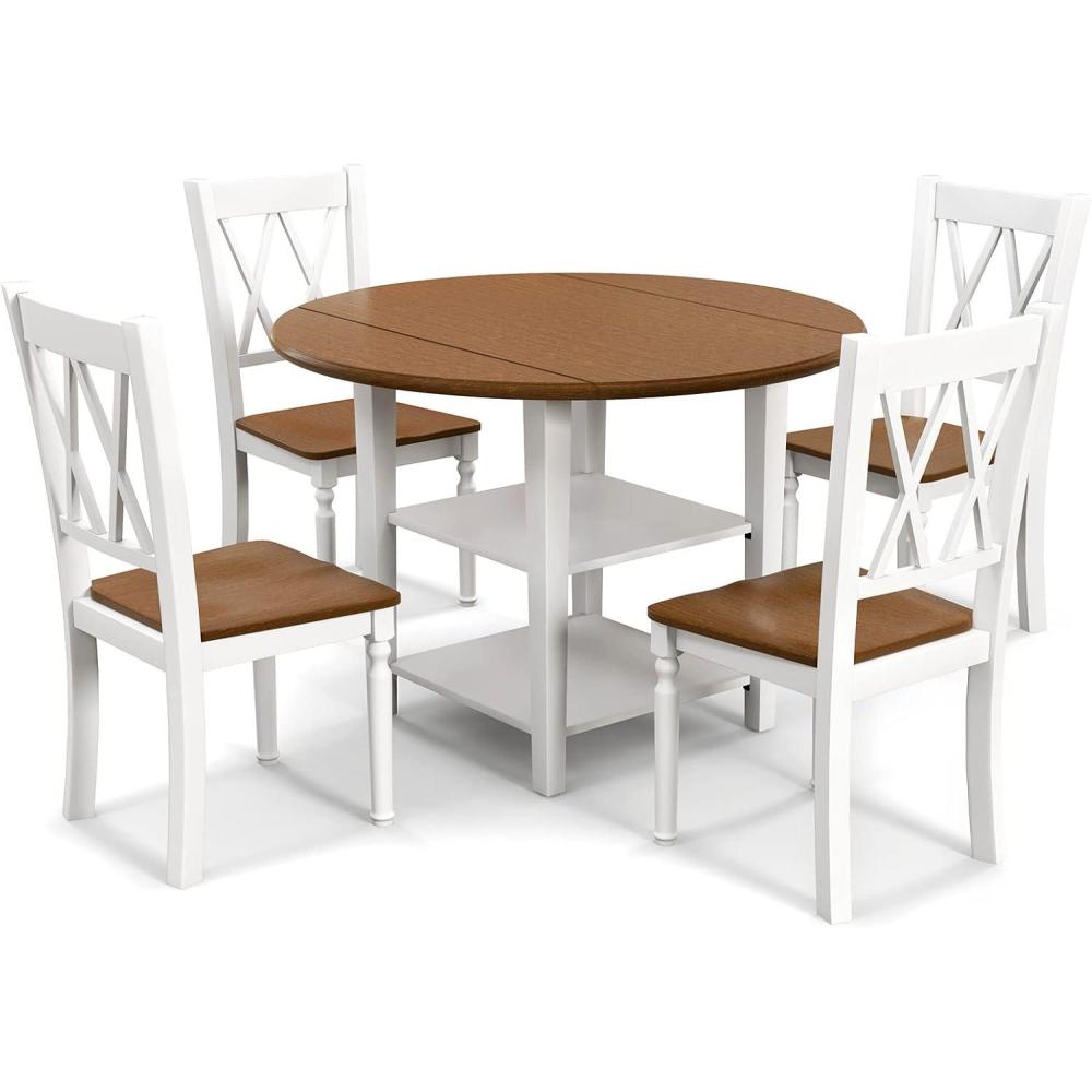 image:imageGiantex 5Piece Dining Set for 4 DropLeaf Round Kitchen Table amp 4 Chairs wSolid Wood Supporting Legs Farmhouse Dinner Table Set for Small Space Breakfast Nook Dining Room Kitchen BrownWhite