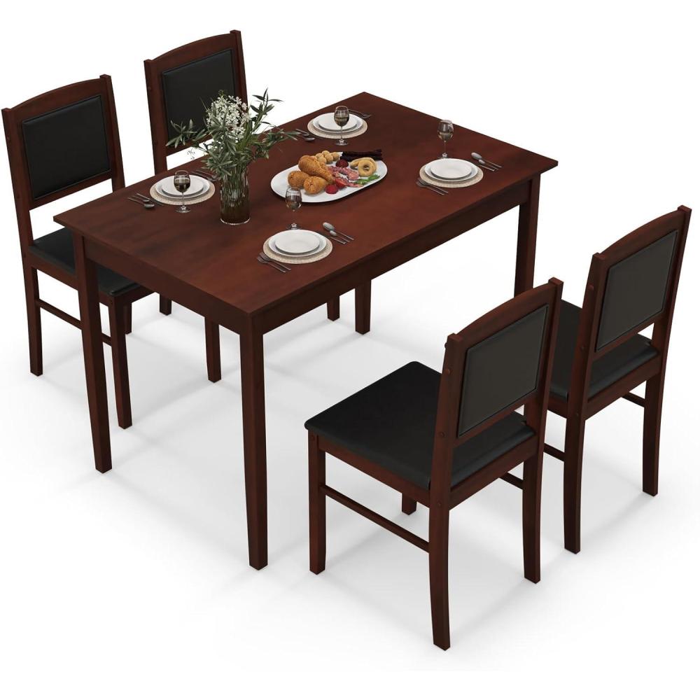 image:imageGiantex 5Piece Dining Set for 4 Solid Wood Rectangular Table amp 4 Chairs wtih Rubber Wood Legs Kitchen Table and Chairs Set for Small Spaces Dinette Dining Room Restaurant Rustic BrownCherry Brown