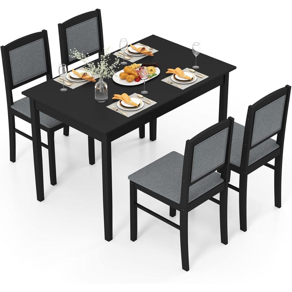 image:imageGiantex 5Piece Dining Set for 4 Solid Wood Rectangular Table amp 4 Chairs wtih Rubber Wood Legs Kitchen Table and Chairs Set for Small Spaces Dinette Dining Room Restaurant Rustic BrownBlackgrey