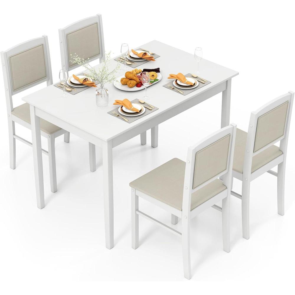 image:imageGiantex 5Piece Dining Set for 4 Solid Wood Rectangular Table amp 4 Chairs wtih Rubber Wood Legs Kitchen Table and Chairs Set for Small Spaces Dinette Dining Room Restaurant Rustic BrownWhitebeige