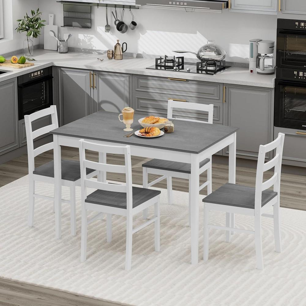 image:imageGiantex 5Piece Dining Set for 4 Solid Wood Rectangular Table amp 4 Chairs wtih Rubber Wood Legs Kitchen Table and Chairs Set for Small Spaces Dinette Dining Room Restaurant Rustic BrownGrey