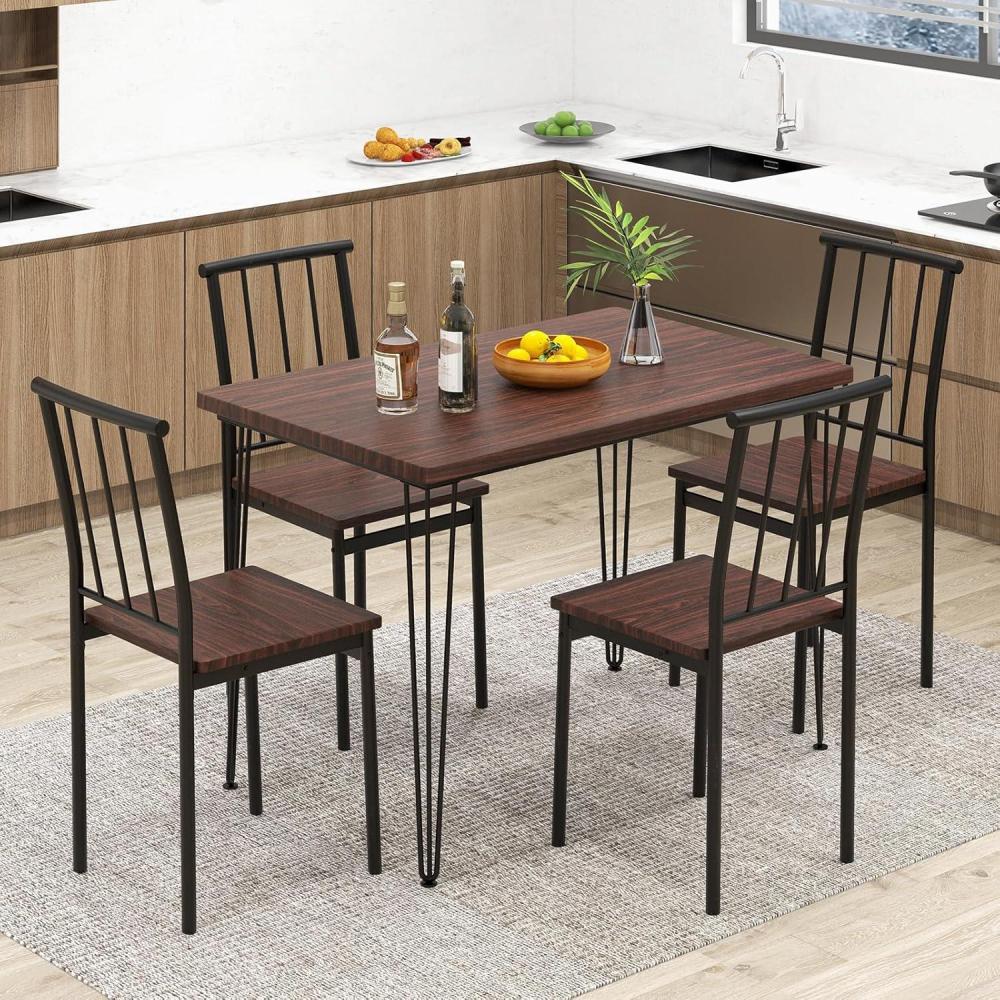 image:imageGiantex 5Piece Dining Table Set MidCentury Kitchen Table Set for 4 Wooden Table amp 4 Chairs with Metal Frame SpaceSaving Dinette Set for Small Place Kitchen Dining Room Cherry Brown