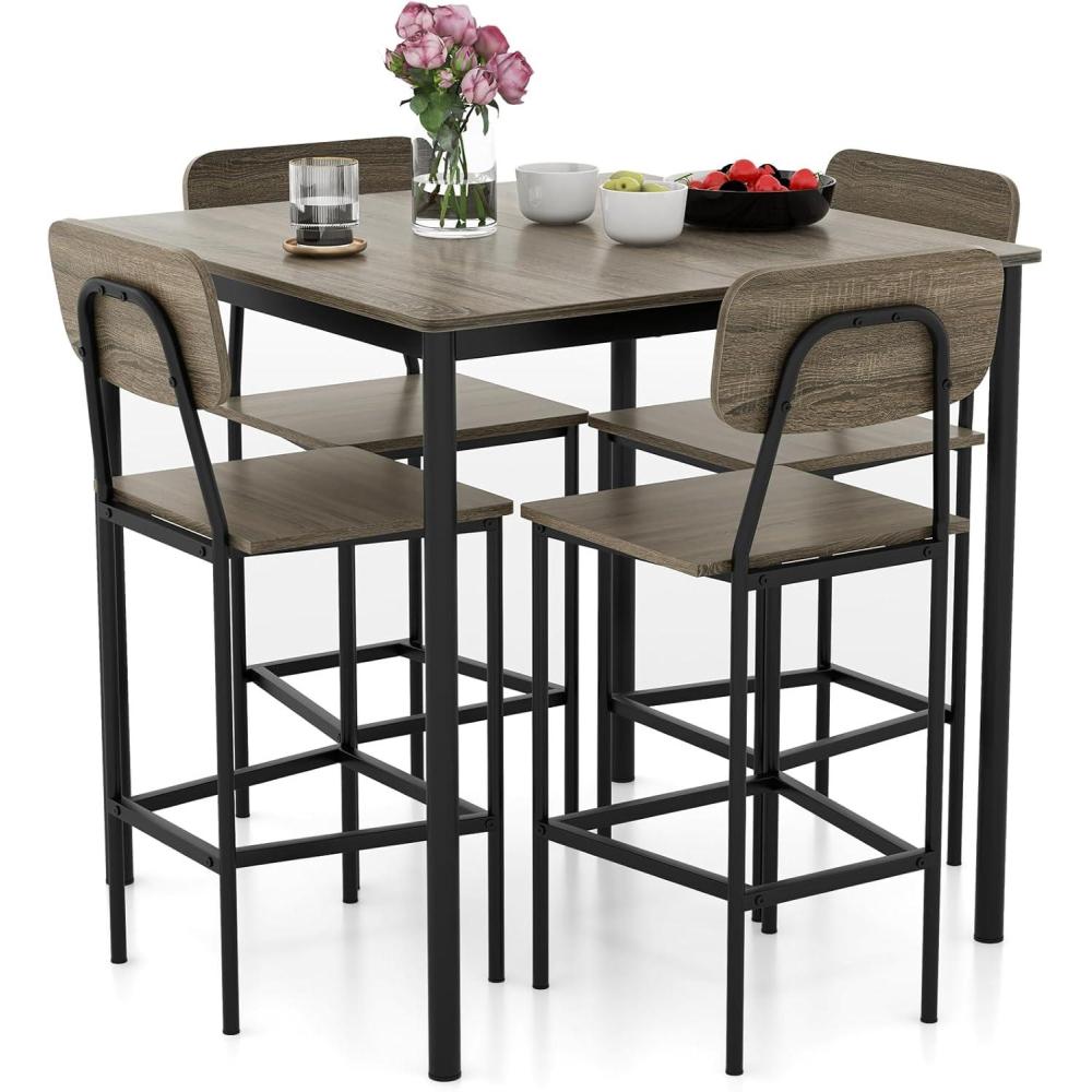 image:imageGiantex 5Piece Dining Table Set WCounter Height Table amp 4 Bar Stools Industrial Kitchen Dining Table Set WFootrest amp Backrest SpaceSaving Dinette Set for Pub Dining Room Restaurant TeakBlack Oak