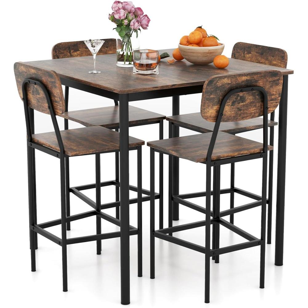 image:imageGiantex 5Piece Dining Table Set WCounter Height Table amp 4 Bar Stools Industrial Kitchen Dining Table Set WFootrest amp Backrest SpaceSaving Dinette Set for Pub Dining Room Restaurant TeakMix Brown