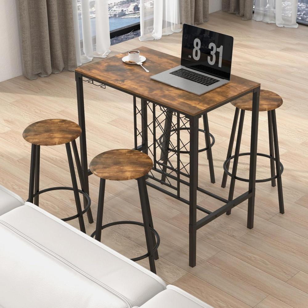 image:imageGiantex 5Piece Dining Table Set for 4 Multifunctional 395 x 235 Bar Table with Glass Holders Wine Rack 4 Barstools Kitchen Table and Chairs Set for Small Space Pub Dinette Living Room