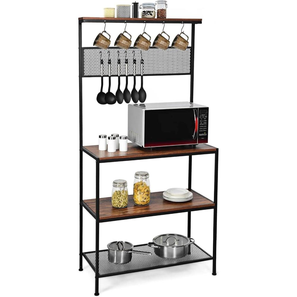 image:imageGiantex Bakers Rack Coffee Bar 4Tier Kitchen Microwave Stand with Storage 11 Hooks Adjustable Feet Industrial Utility Shelves for Utensils Metal Standing Bakers Workstation Rustic BrownRustic Brown