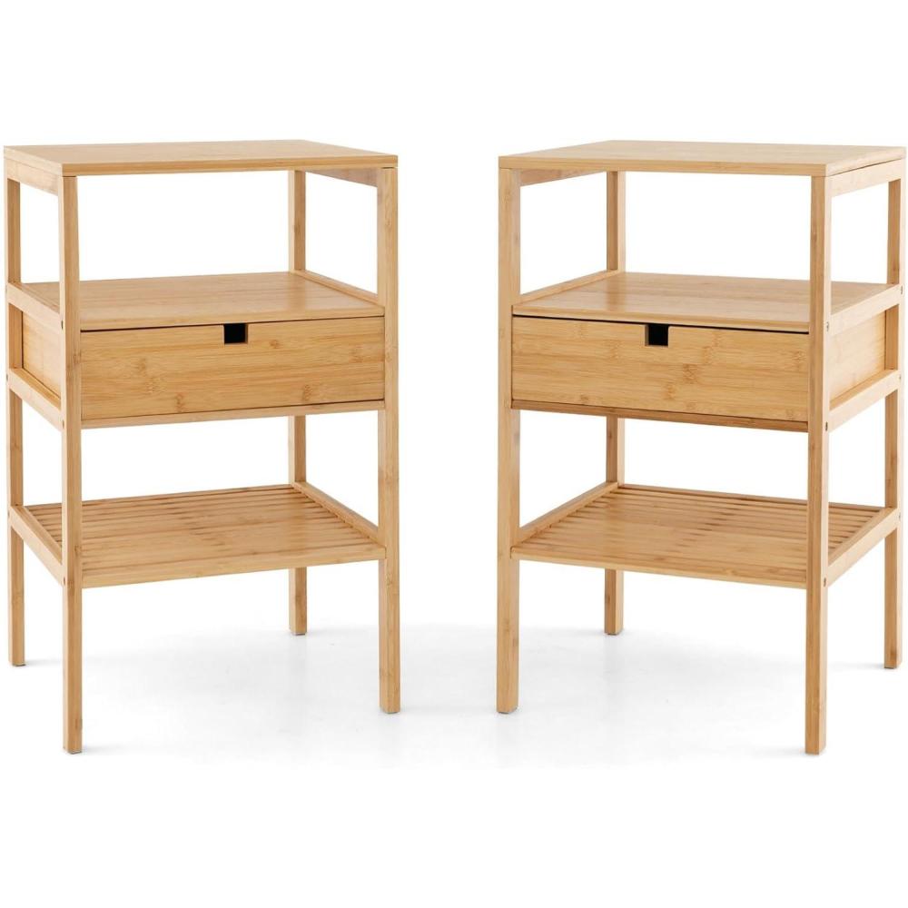 image:imageGiantex Bamboo Nightstands Set of 2 Wood Side Tables with Drawer and 2 Storage Shelves Multifunctional Bedside Tables for Small Spaces MCM Boho Style End Tables for Bedroom Office NaturalSet of 2