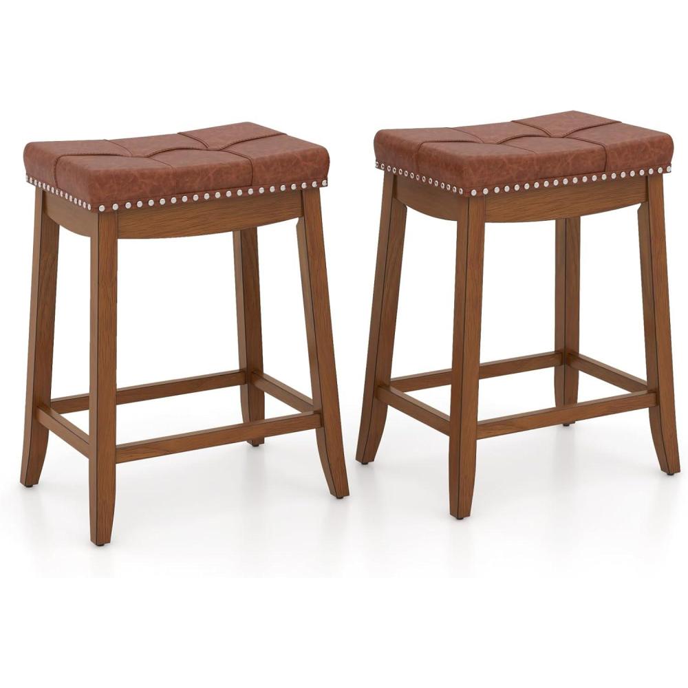 image:imageGiantex Bar Stools Set of 2 25 Counter Height Bar Stools wSaddle Seat Footrest Rivet Button Tufted Rubber Wood Frame Upholstered PU Leather Backless Barstools for Kitchen Dining Room Pub1