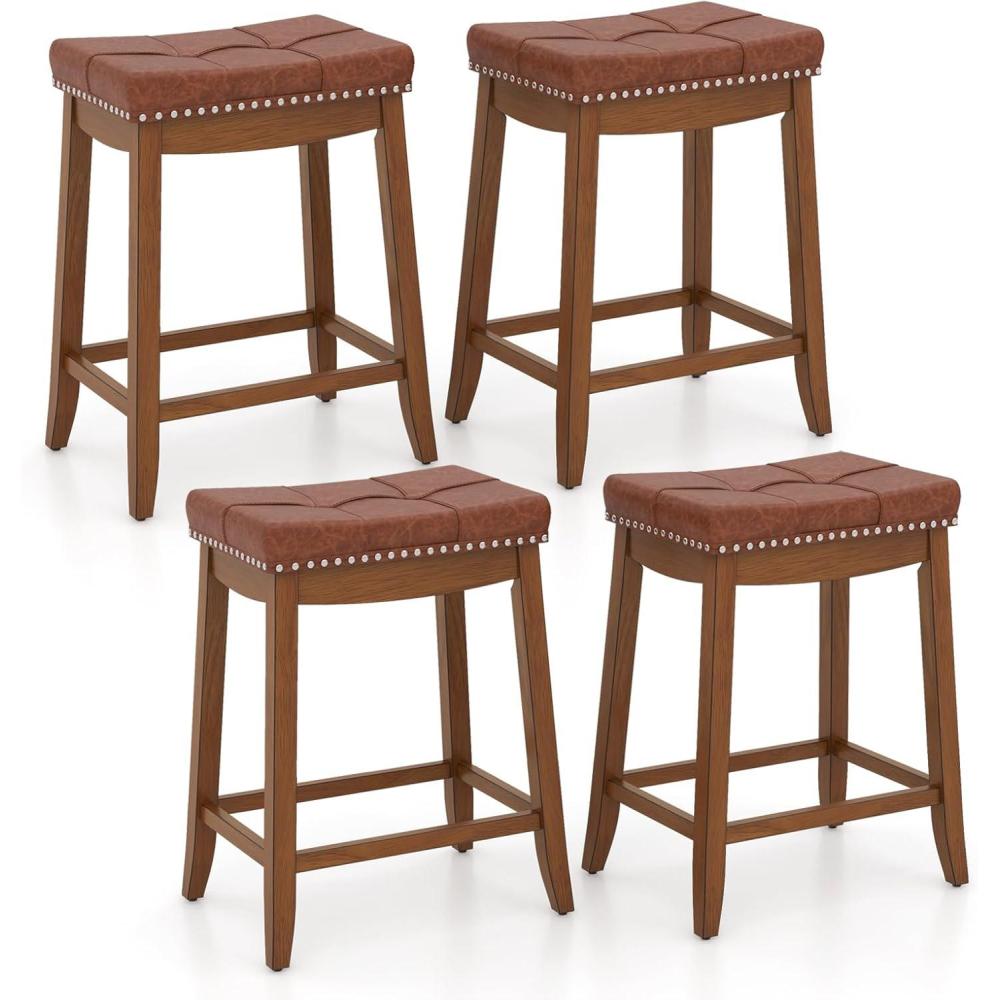 image:imageGiantex Bar Stools Set of 2 25 Counter Height Bar Stools wSaddle Seat Footrest Rivet Button Tufted Rubber Wood Frame Upholstered PU Leather Backless Barstools for Kitchen Dining Room Pub2