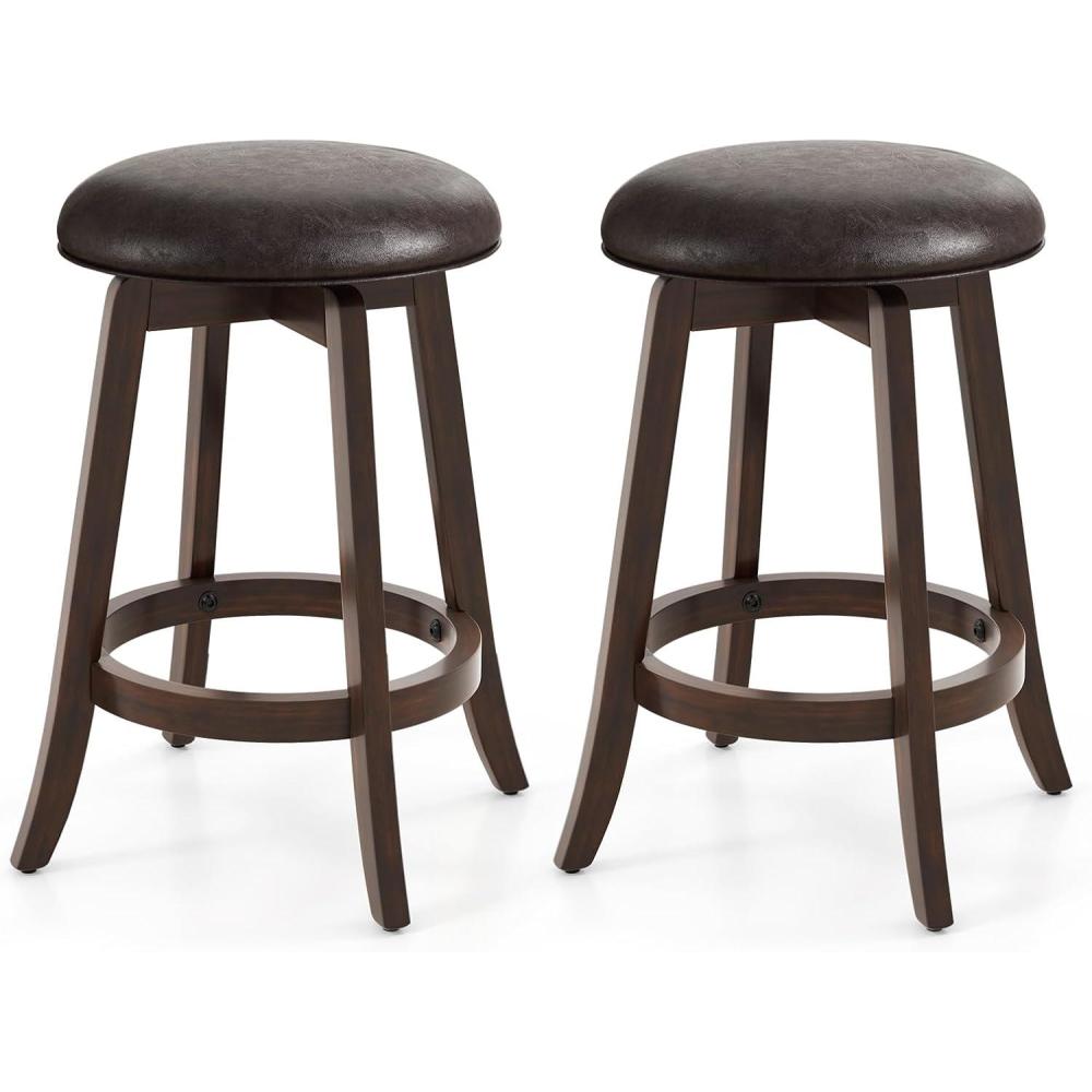 image:imageGiantex Bar Stools Set of 2 29 Bar Height Bar Stools w 360 Swivel Round Seat amp Footrest Rubber Wood Frame Upholstered PU Leather Backless Barstools for Kitchen Dining Room Pub Brown1
