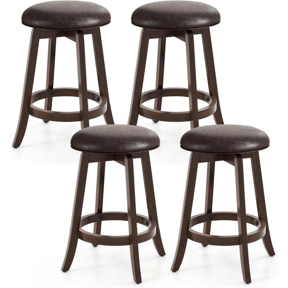 image:imageGiantex Bar Stools Set of 2 29 Bar Height Bar Stools w 360 Swivel Round Seat amp Footrest Rubber Wood Frame Upholstered PU Leather Backless Barstools for Kitchen Dining Room Pub Brown2