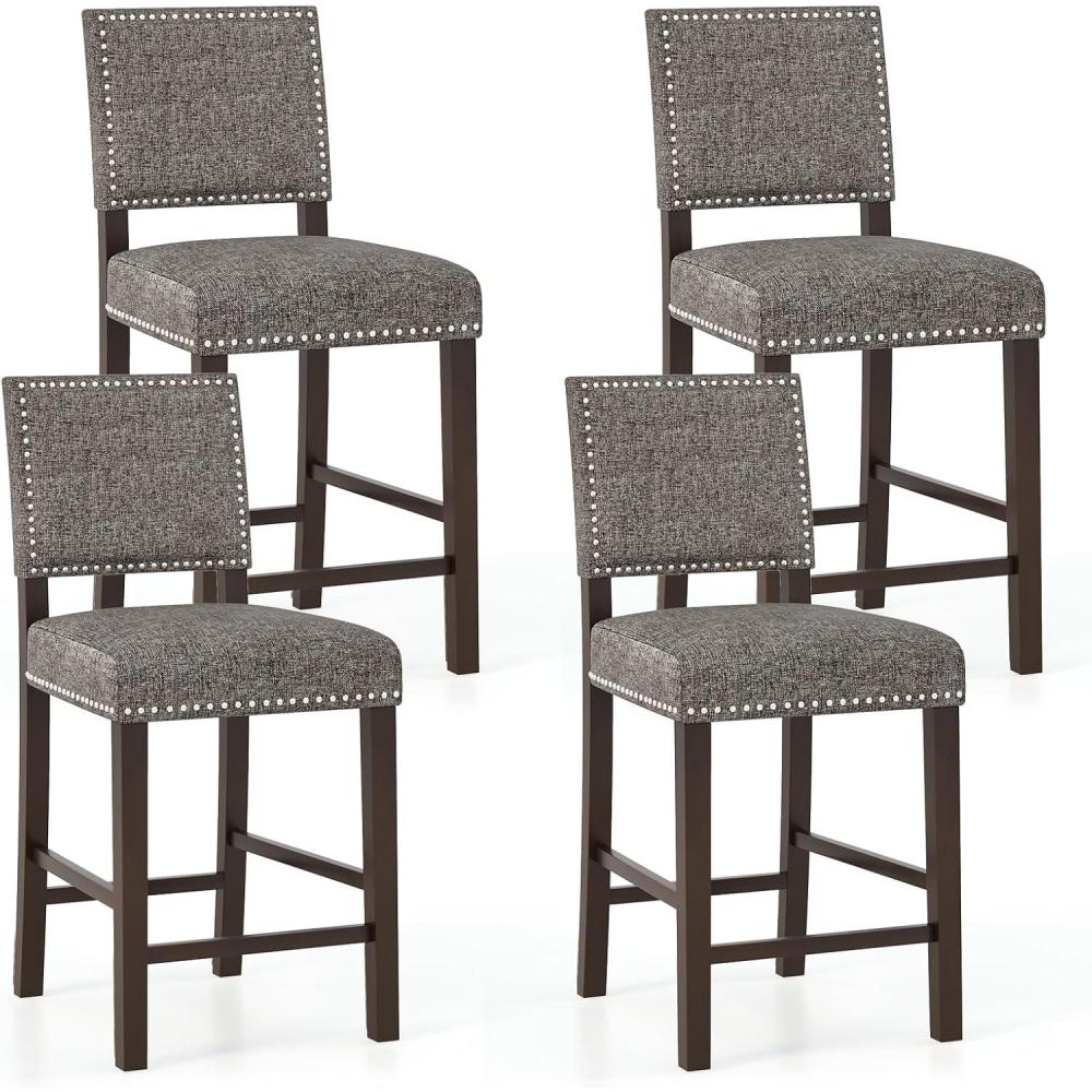 image:imageGiantex Bar Stools Set of 4 26 Counter Height Stools wSolid Rubber Wood Legs amp Footrest Modern Linen Fabric Bar Dining Chairs Rivet Upholstered Barstools for Kitchen Island Dining Room Grey