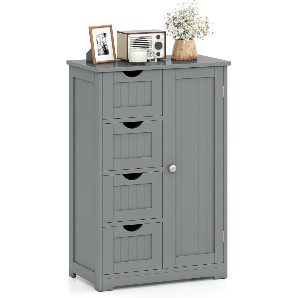 image:imageGiantex Bathroom Cabinet Freestanding Storage Cabinet with 1 Door amp 4 Drawers 3Level Adjustable Shelf Antitoppling System Modern Storage Organizer for Bathroom Living Room Kitchen GrayGrey