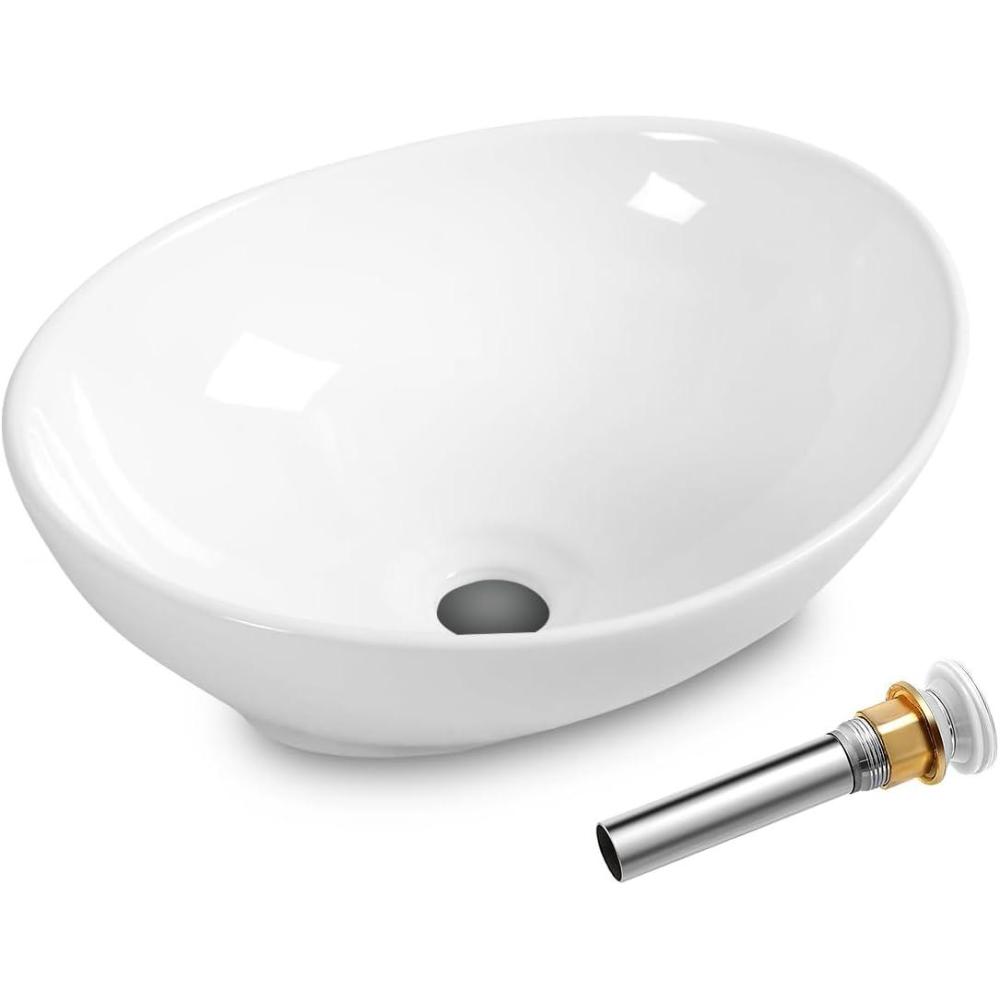 image:imageGiantex Bathroom Sink Vessel Sink 16x13 Inch Basin Porcelain with Anticlogging Pop Up Drain Countertop Bathroom Vanity Vessel Sink Oval Ceramic Sink Bowl Bathroom Vessel Sink White
