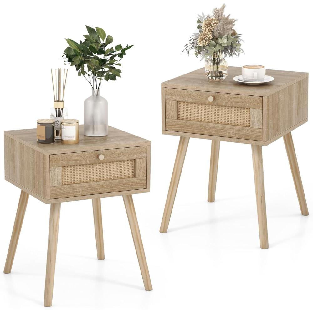 image:imageGiantex Boho Rattan Nightstand Set of 2 Mid Century Wood Night Stands with Rattan Weaving Drawer Bedside Table with Solid Wood Legs End Side Table for Bedroom Storage Natural2