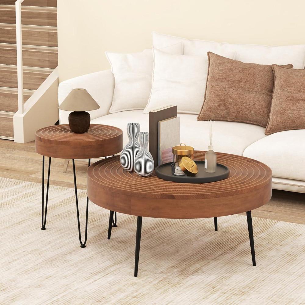 image:imageGiantex Boho Round Coffee Table Set of 2 Sofa Side Nesting Table with Solid Pine Wood Top Metal Legs amp Adjustable Foot Pads 315 D Large Table Set for Living Room Ring Pattern NaturalBrown