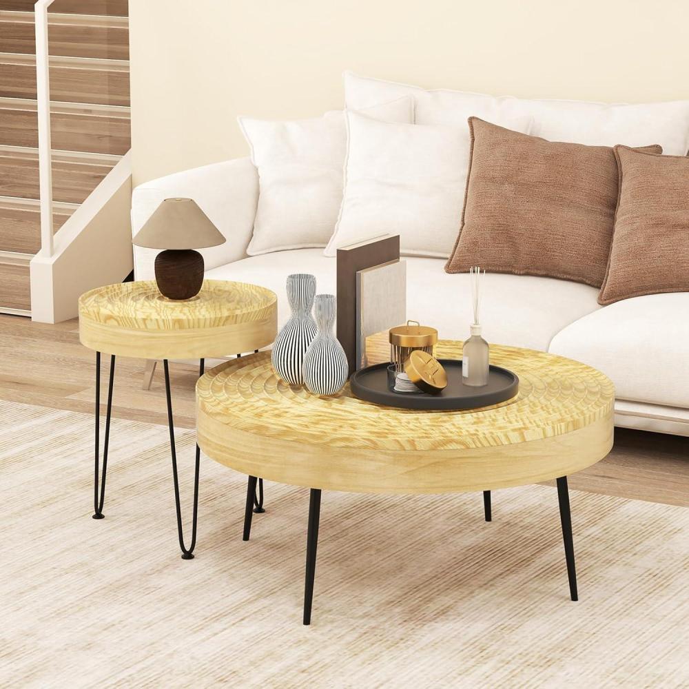 image:imageGiantex Boho Round Coffee Table Set of 2 Sofa Side Nesting Table with Solid Pine Wood Top Metal Legs amp Adjustable Foot Pads 315 D Large Table Set for Living Room Ring Pattern NaturalNatural