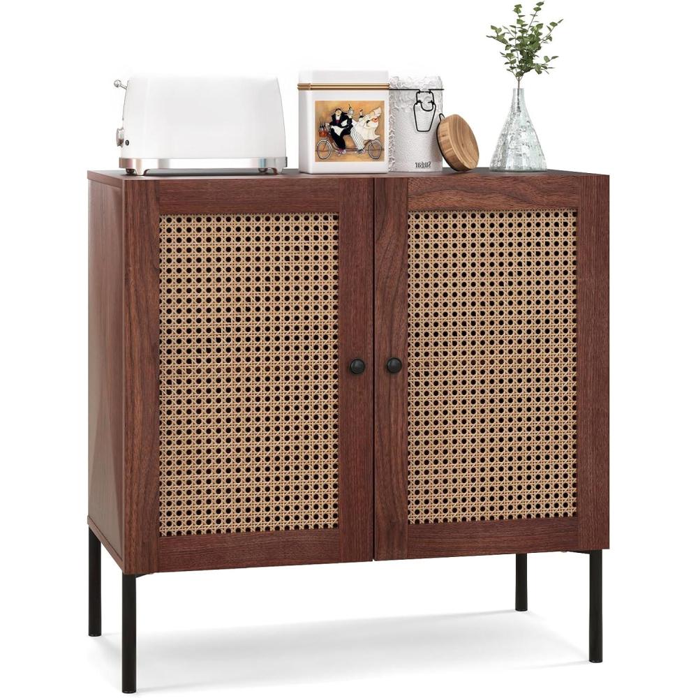 image:imageGiantex Buffet Cabinet Set of 2 Wood Sideboard Storage Cabinet with Rattan Door 3Position Adjustable Shelf Freestanding Coffee Bar Accent Cabinet Kitchen Cupboard Organizer for Living RoomWalnut