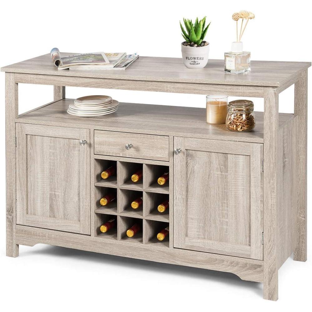 image:imageGiantex Buffet Server Sideboard Console Wood Dining Table Cupboard Table with 2 Cabinets 1 Drawer and 9 Wine Cabinets Storage Organizer Kitchen and Dining Room GrayGrey