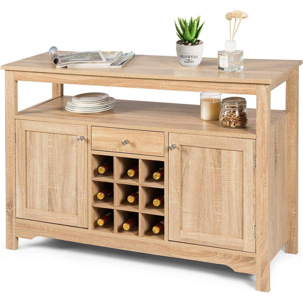 image:imageGiantex Buffet Server Sideboard Console Wood Dining Table Cupboard Table with 2 Cabinets 1 Drawer and 9 Wine Cabinets Storage Organizer Kitchen and Dining Room GrayNatural
