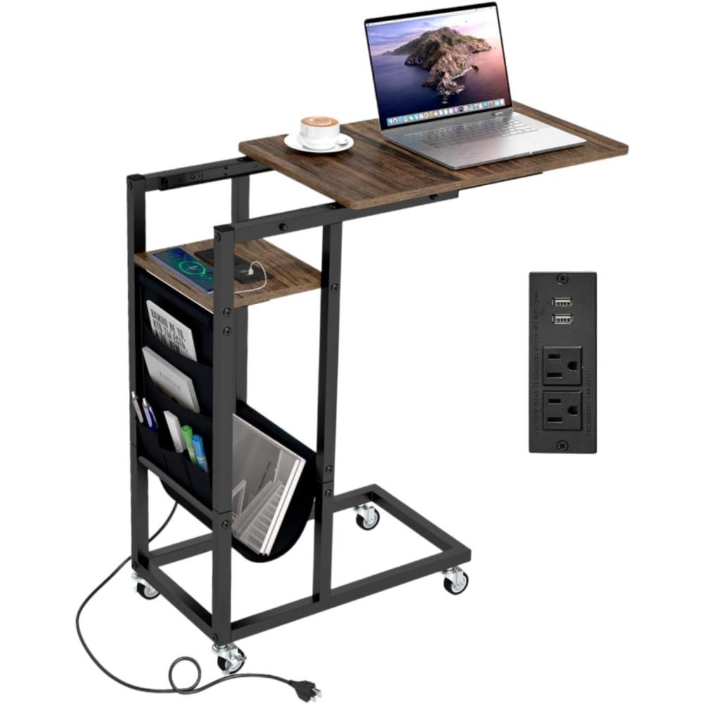 image:imageGiantex C Shaped End Table with Charging Station 27H Slide Under Couch Side Table wWheels Outlets amp USB Ports Storage Bag Small Laptop Sofa TV Tray C Table for Living Room Rustic Brown1