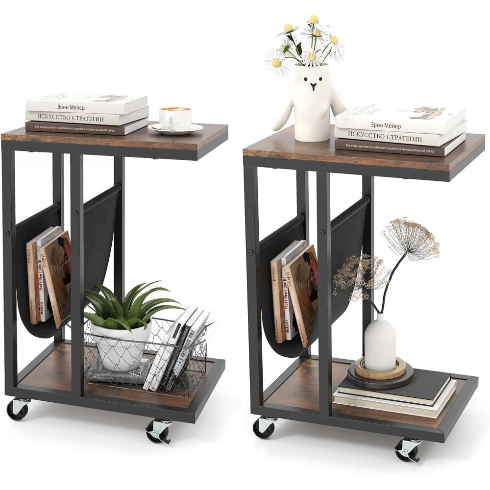 image:imageGiantex C Shaped End Table with Rolling Wheels Sofa Side Table with Magazine Storage Holder amp Metal Frame Mobile TV Tray Table for Small Space Living Room 16 L x 11 W x 23 H Rustic Brown2