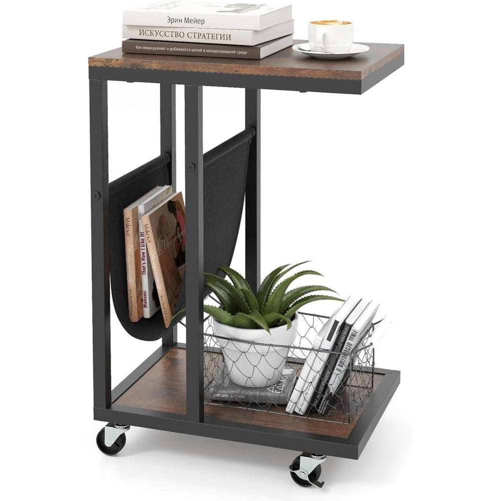 image:imageGiantex C Shaped End Table with Rolling Wheels Sofa Side Table with Magazine Storage Holder amp Metal Frame Mobile TV Tray Table for Small Space Living Room 16 L x 11 W x 23 H Rustic Brown1