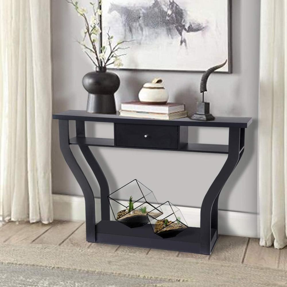 image:imageGiantex Console Hall Table for Entryway Small Space Sofa Side Table with Storage Drawer and Shelf Home Office Living Room Furniture Narrow Accent Hall Table Black