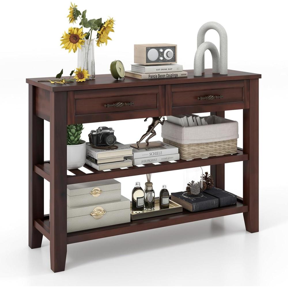 image:imageGiantex Console Table with 2 Drawers 3Tier Narrow Entryway Table with Storage 2 Open Shelves amp Solid Wood Legs Wooden Long Sofa Side Table Rectangular Entry Table for Home Living Room Hallway