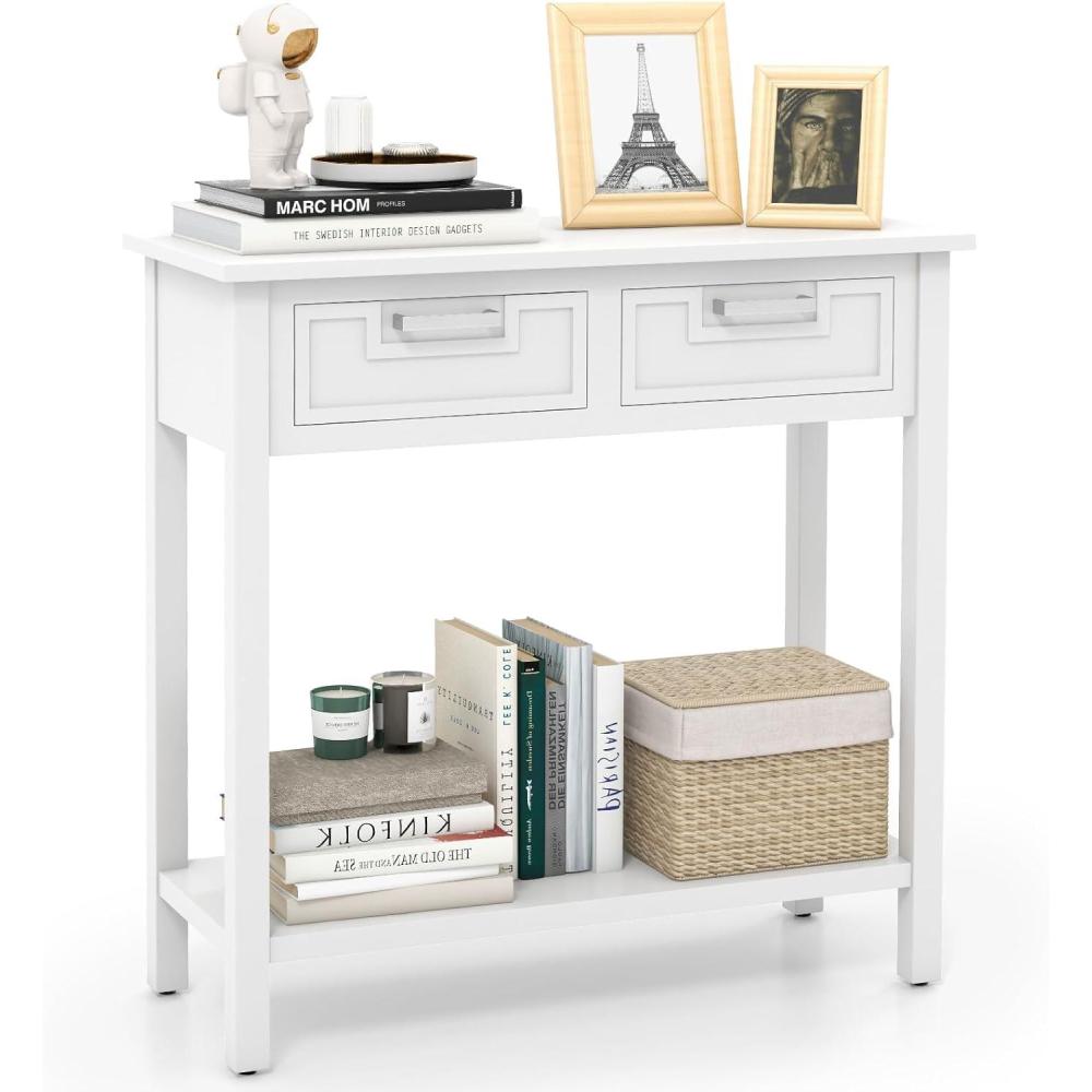 image:imageGiantex Console Table with Drawers Entry Table Narrow Sofa Table with Open Storage Shelf Wood Legs Foyer Table Entryway Table for Office Living Room Hallway Couch Table WhiteWhite