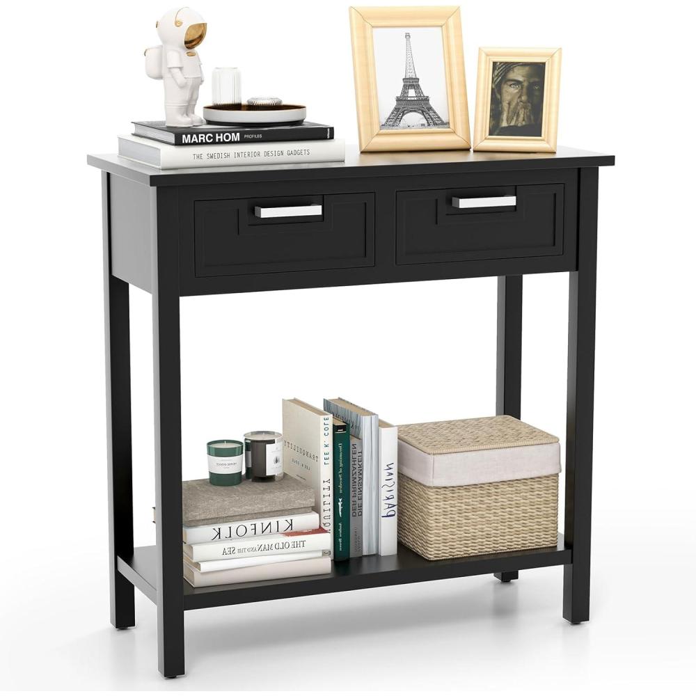 image:imageGiantex Console Table with Drawers Entry Table Narrow Sofa Table with Open Storage Shelf Wood Legs Foyer Table Entryway Table for Office Living Room Hallway Couch Table WhiteBlack