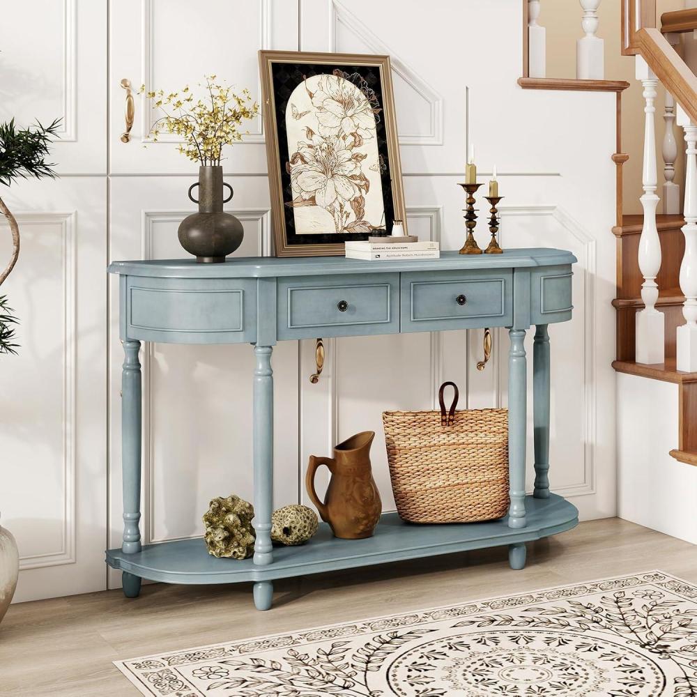 image:imageGiantex Console Table with Storage 52 Long Sofa Table with 2 Drawers Open Shelf Solid Wood Legs Narrow Entryway Table Vintage Behind Couch Entry Table for Living Room Hallway Foyer