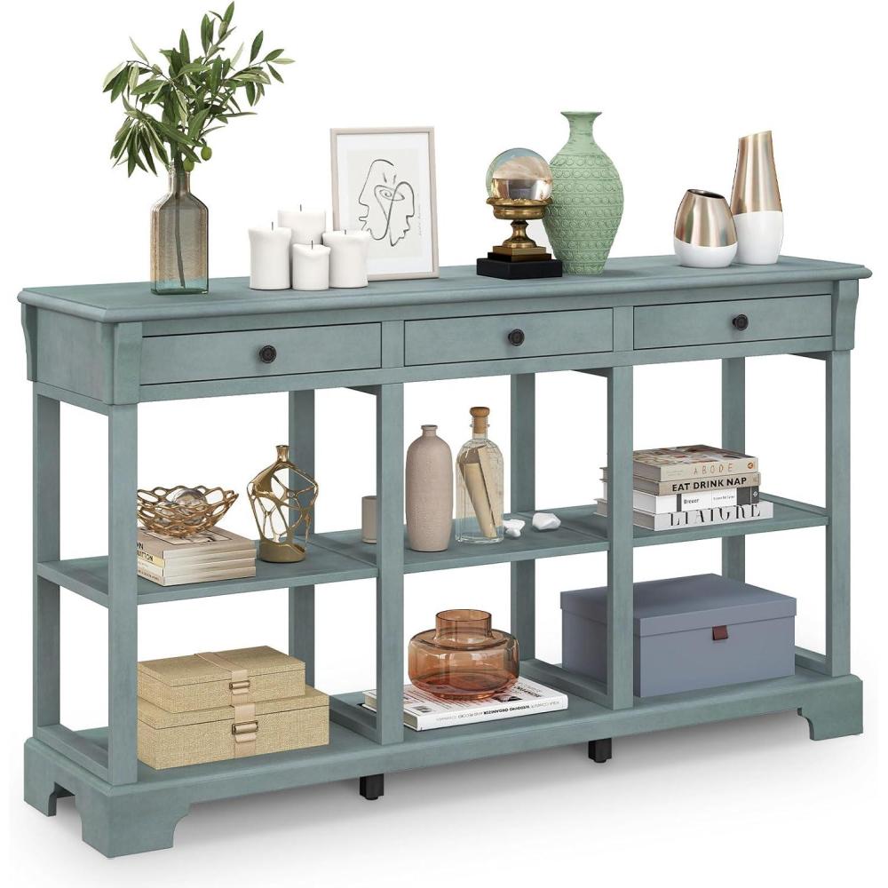 image:imageGiantex Console Table with Storage 58 Long Sofa Table with 3 Drawers amp Open Shelves Solid Wood Legs Narrow Entryway Table Vintage Behind Couch Table for Living Room Hallway Entry Table BlueBlue