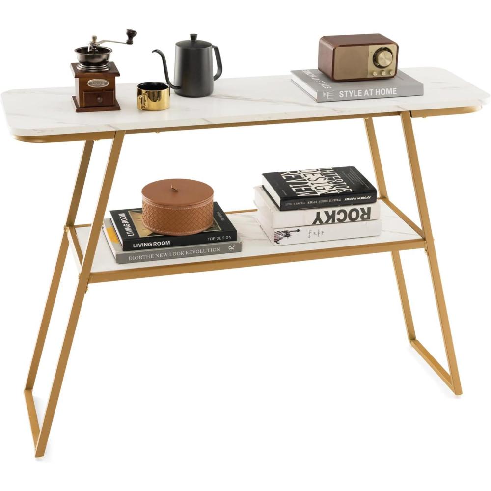 image:imageGiantex Console Table with Storage Shelf  44 Entryway Table Long Narrow Couch Table with Golden Metal Frame MarbleLike Board Foyer Table Sofa Side Table for Living Room Hallway Entry Table